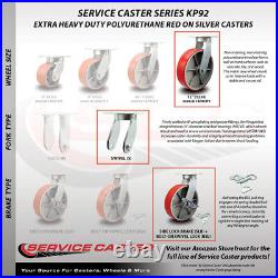 12 Inch Heavy Duty Red Poly on Cast Iron Caster Set 4 Brakes 2 Swivel Locks