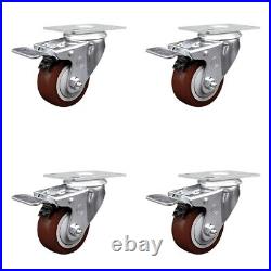 3.5 Inch Maroon Polyurethane Swivel Top Plate Caster Set with Total Lock Brake