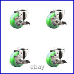 3 Inch 316SS Green Polyurethane Wheel Swivel Bolt Hole Caster Set with Brake SCC