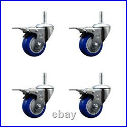 3 Inch Blue Poly Swivel 3/4 Inch Threaded Stem Caster Set with Total Lock Brake