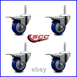 3 Inch Blue Poly Swivel 3/4 Inch Threaded Stem Caster Set with Total Lock Brake