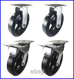 4 Casters 4 5 6 8 Rubber on Cast Iron Wheels Rigid & Total Lock Brake