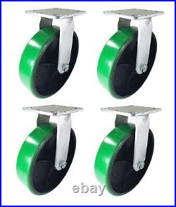 4 Heavy Duty Caster 8 Polyurethane Cast Iron Wheels Rigid Swivel & Brake Green