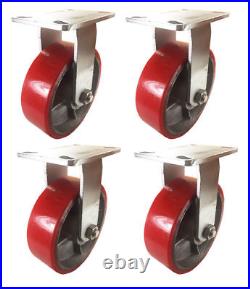 4 Heavy Duty Caster 8 Polyurethane Cast Iron Wheels Rigid Swivel & Brake Red