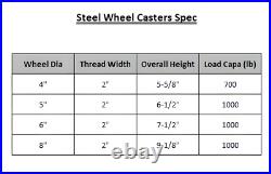 4 Heavy Duty Caster Set 8 All Steel Wheels Rigid Swivel and Brake