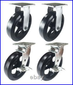 4 Heavy Duty Caster Set 8 Rubber on Cast Iron Wheels Rigid Swivel and Brake