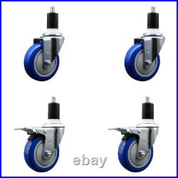 4 Inch Blue Poly Swivel 1-1/2 Inch Expanding Stem Caster Set 2 Total Lock Brakes
