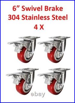 4 Pcs 6'' Stainless Steel Swivel Caster With Brake Wheel Red Poly HEAVY DUTY