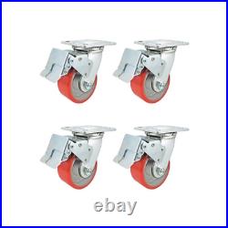 4 x 2 Total Lock Caster Set of 4 with Red Polyurethane on Steel Wheel