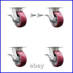 5 Inch Kingpinless Poly on Aluminum Wheel Caster Set 4 Brakes 2 Swivel Locks SCC