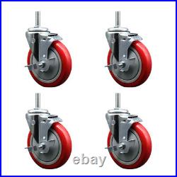 5 Inch Red Poly Wheel Swivel 5/8 Inch Threaded Stem Caster Set with Brake