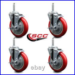 5 Inch Red Poly Wheel Swivel 5/8 Inch Threaded Stem Caster Set with Brake