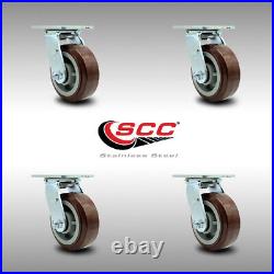 5 Inch Stainless Steel Polyurethane Wheel Swivel Caster Set with Roller Bearings