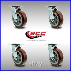 6 Inch Stainless Steel Polyurethane Wheel Swivel Caster Set with Roller Bearings