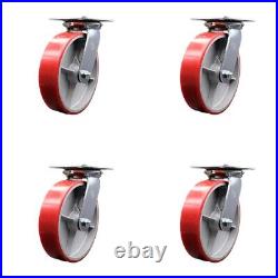 8 Inch Heavy Duty Red Poly on Cast Iron Caster Set with Roller Bearings Set 4