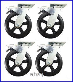 8 x 2 Heavy Duty Rubber on Cast Iron Caster 4 Swivel with Total Lock Brake