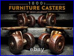 ANTIQUE FURNITURE CASTER SET, Small Victorian Vtg Cast Iron Table Wood Wheels