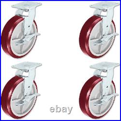 CASTERHQ 8 inch X 2 inch Polyurethane Swivel Casters with Brakes Set of 4