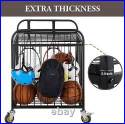 Metal Ball Storage with Lockable Latch, Caster Wheels, and 8 Accessory Hooks