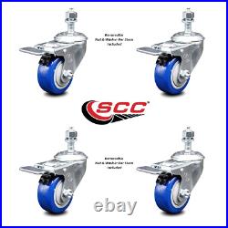 Polyurethane Swivel Threaded Stem Caster Set of 4 With3 X 1.25 Blue Wheels and 1